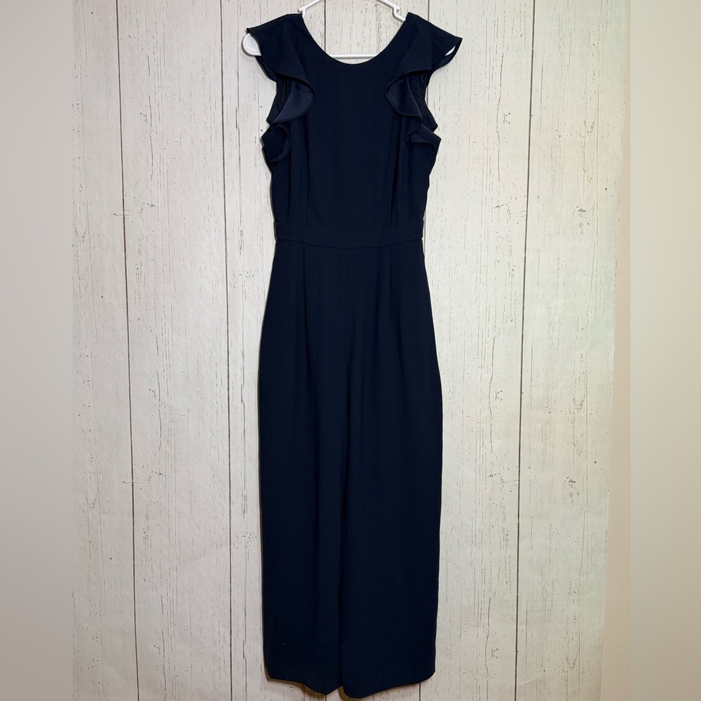 J. Crew Navy Blue Sleeveless Ruffle Open Back Cropped Ankle Jumpsuit Size 2